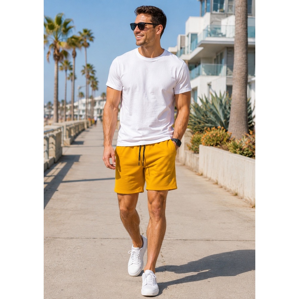 Fabletics Men's Fleece Shorts Small Gold Mustard Drawstring Pockets‎ Athleisure